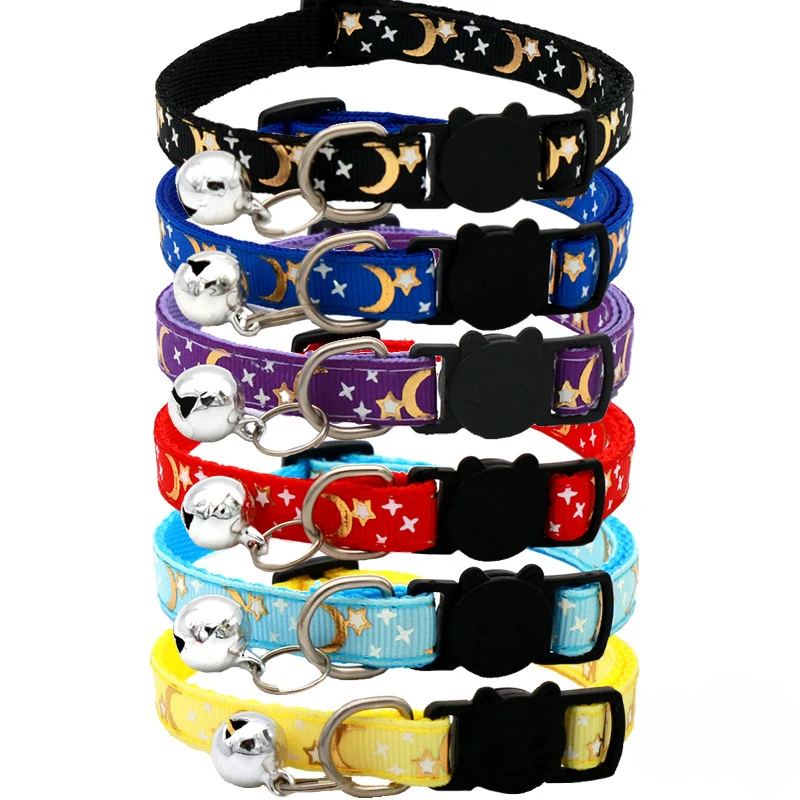 Cat Dog Collar Gold Color Stars a Moon Pet golier s odlučovačom materiálu Bell a PP, ktorý odráža bezpečnostné vedro Solid Safe Safet