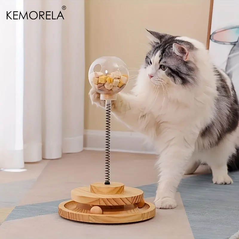 Cat Feeder Catnip Hray pre vnútornú mačku pomalé kŕmne jar Spring Toy Fun Drevená dráha loptičiek Spinner na cvičenie a hranie