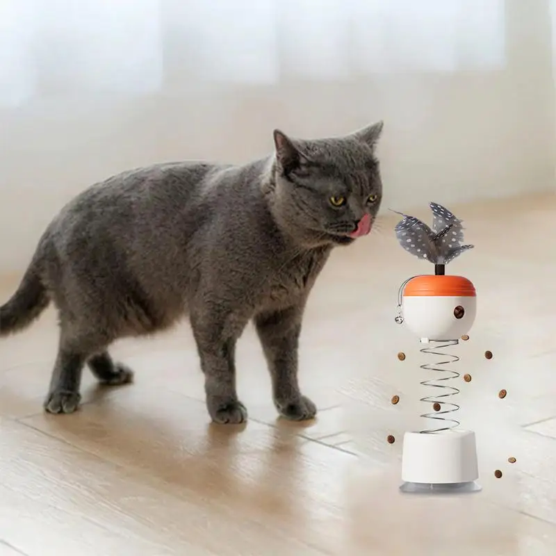 CAT interaktívny podávač bezpečný pružina nabitý mačkou Treat Feeder Feather Hray s zvončekom Stabilný sací pohár domácich miláčikov pomalé podávač loptičku loptičku
