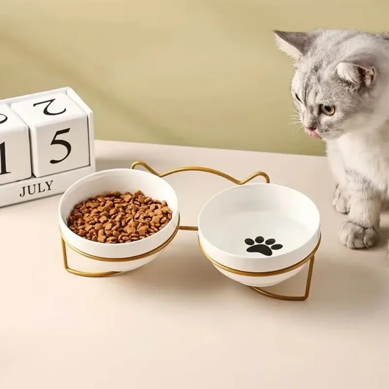 Cat Lift Dvojitá misa s mačkou podstielkou Round Metal Zvýšené mačiatko Keramické jedlo kŕmenie