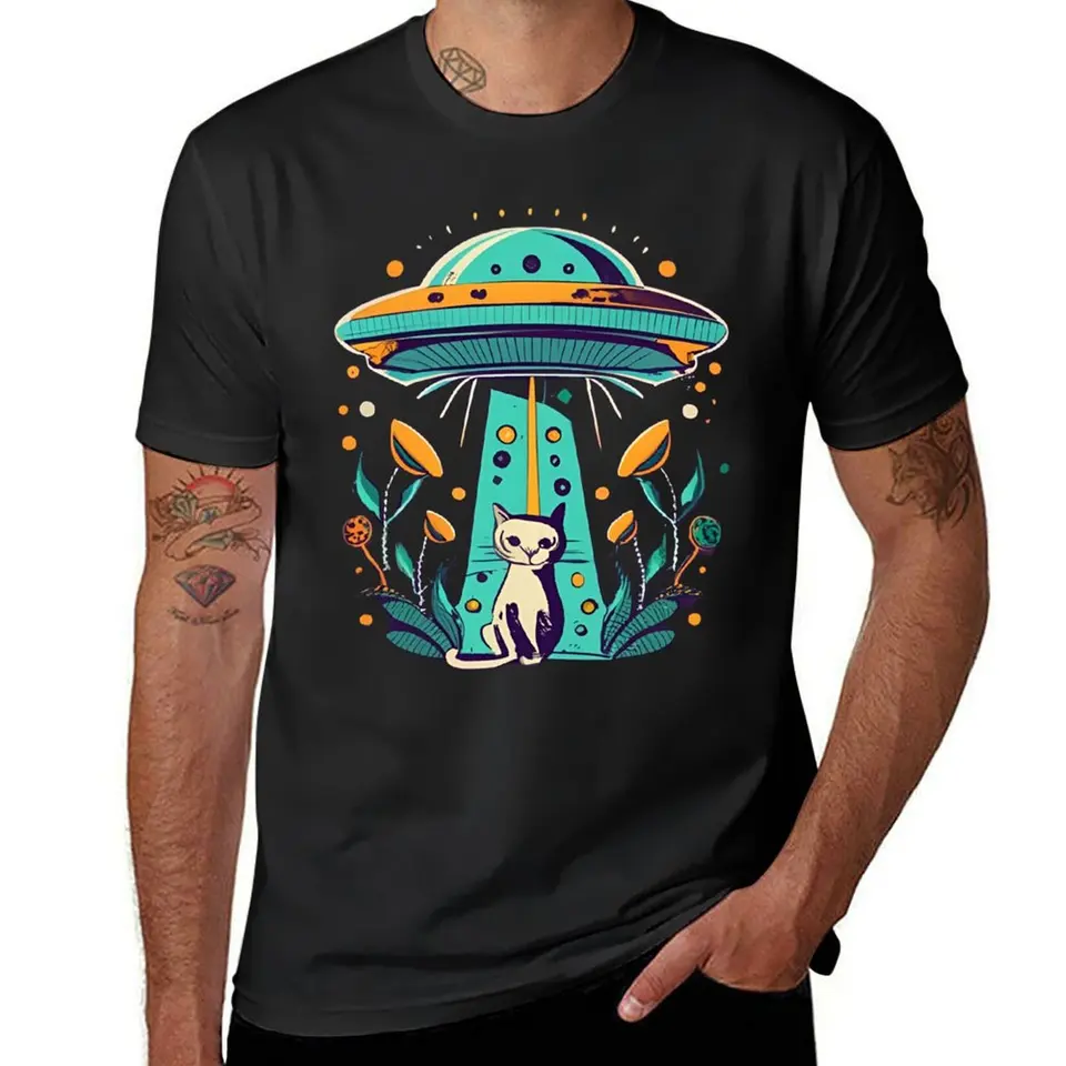Cat UFO Tričko estetické oblečenie letné vrcholy pánske grafické tričká Pack