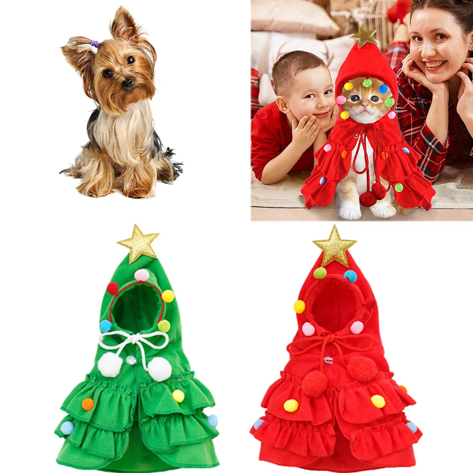 CAT vianočný outfit šteniatko Cape s hviezdou a pompommi vianočné kostýmy Tree Cat Costume Funny Pet vianočné plášť