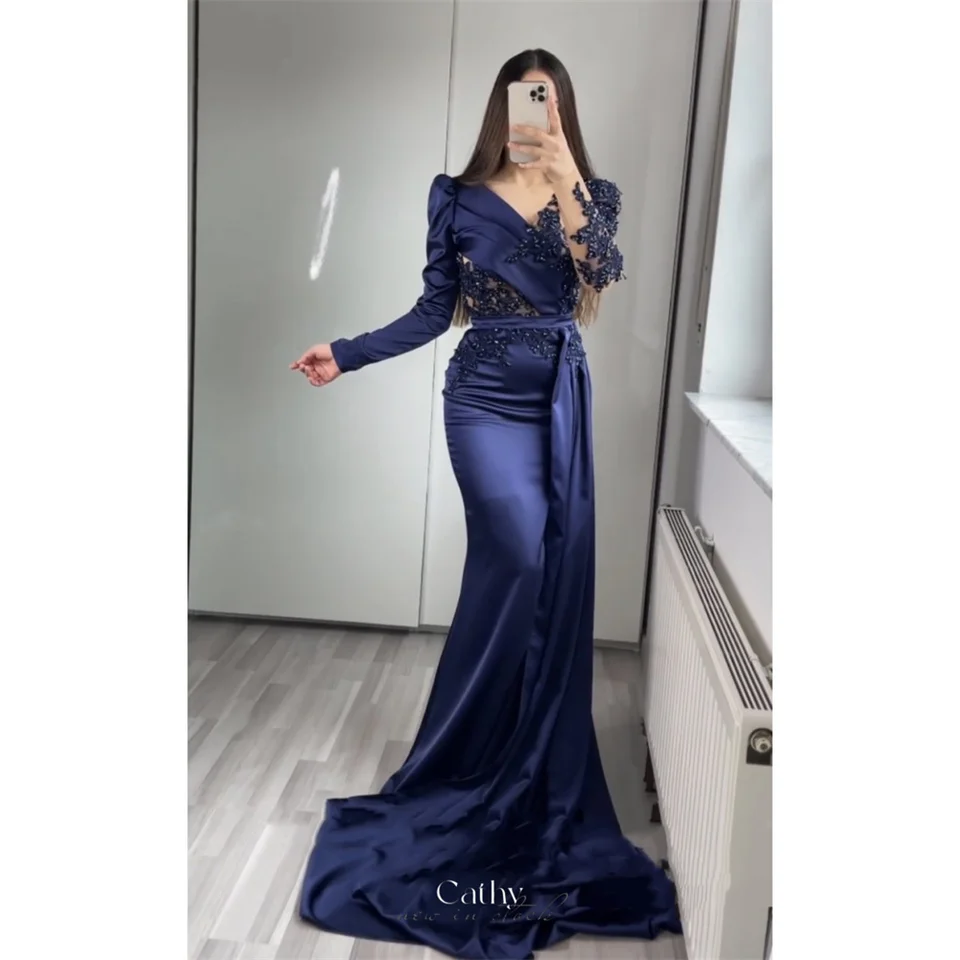 Cathy Luxury Tmag Blue Satin Party šaty morská panna s dlhými rukávmi Vestidos de Noiva Mabno-Lace Lace Vyšívacie večerné šaty