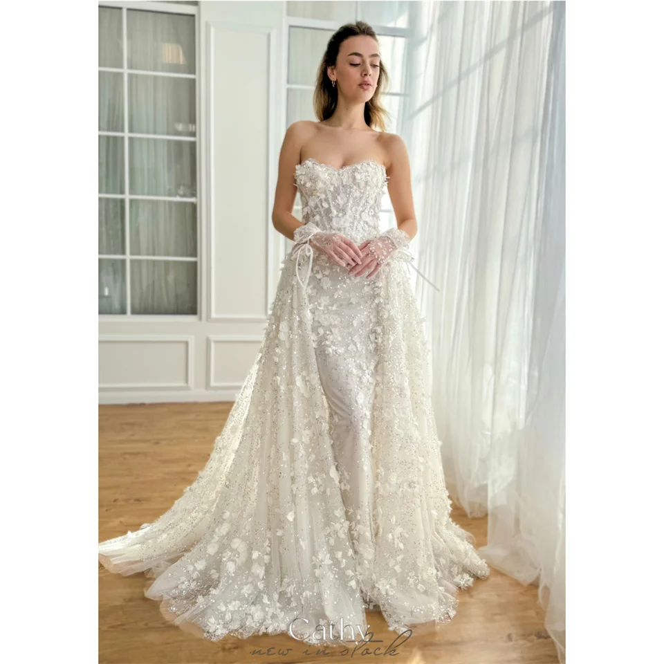 Cathy Off Ramer Heart Collar Lace 3D kvetinové svadobné šaty morská panna Vestidos de noiva Odnímateľné rukávy Prispôsobené formálne šaty