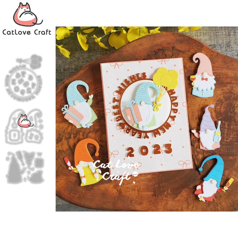 Catlove šťastný nový rok Gnomes kovové rezanie zomiera scrapbooking Stencil Die Cuts Card Making DIY Craft Embosing New Dies za rok 2022