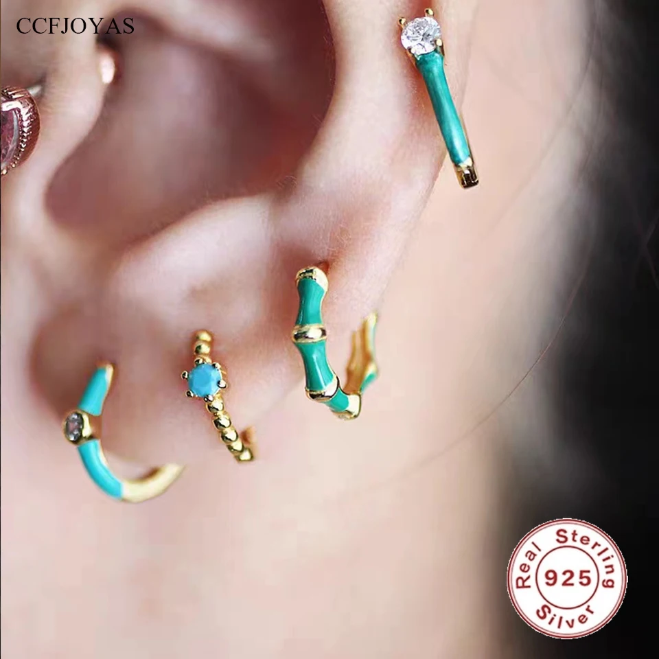 CCFJOYAS 100% 925 Sterling Silver Blue Smalt Hoop náušnice pre ženy Európske a americké módne náušnice Nastavené jemné šperky