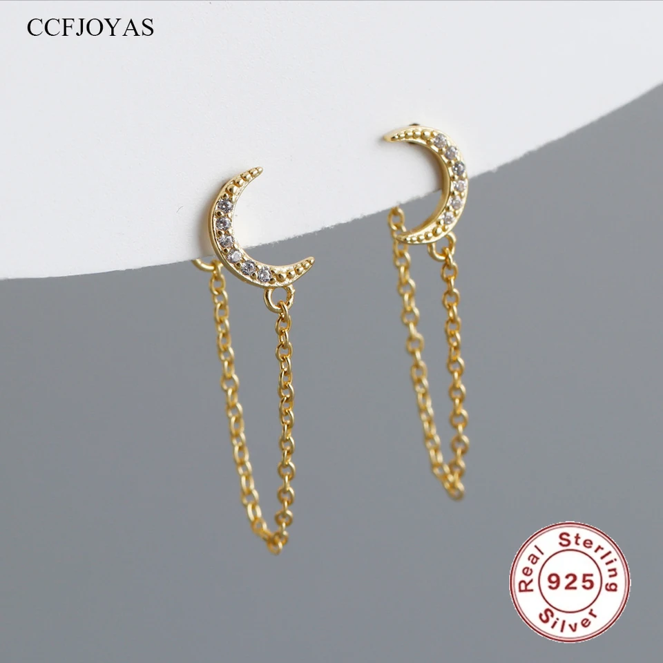 CCFJOYAS 925 Sterling strieborný striebro reťazové náušnice Moon Moon Simple INS Zirkón Meniscus náušnice Ženy jemné šperky 2023