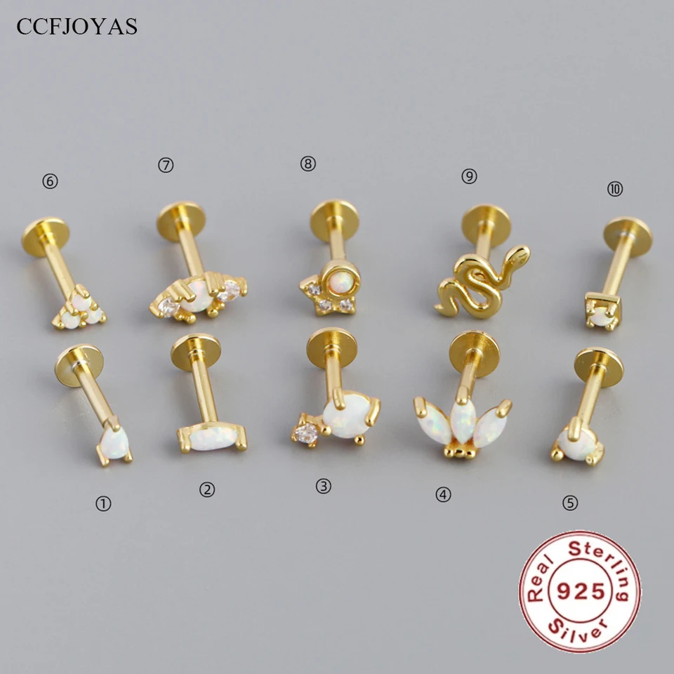 Ccfjoyas mini roztomilý 925 Sterling Silver Opal Plochá hlava Piercing šperky na kosti kosť na nechty na nechty pre ženy