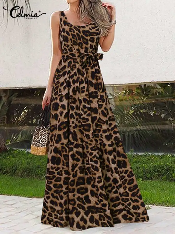 Celmia Ženy bez rukávov leopard leopard maxi šaty 2024 letné elegantné sexy párty Vestidos neformálne voľné hojdačka Batle Beach Sundress