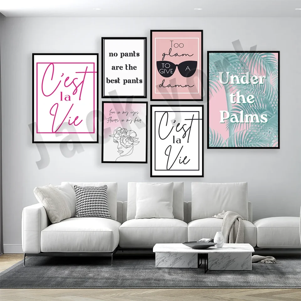 C'est La Vie, Citáty vo francúzštine, palmy, pieseň Lyrical Prints Line Kreslenie, ozdobené živé motto mantra estetický plagát