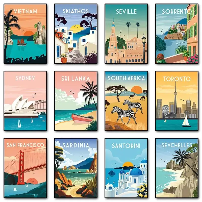 Cestovné ilustrované plátno maľba Santorini Sydney Vietnam Wales Plagáty scenérie výtlačky nástenné umenie Obrázok pre obývaciu izbu domov