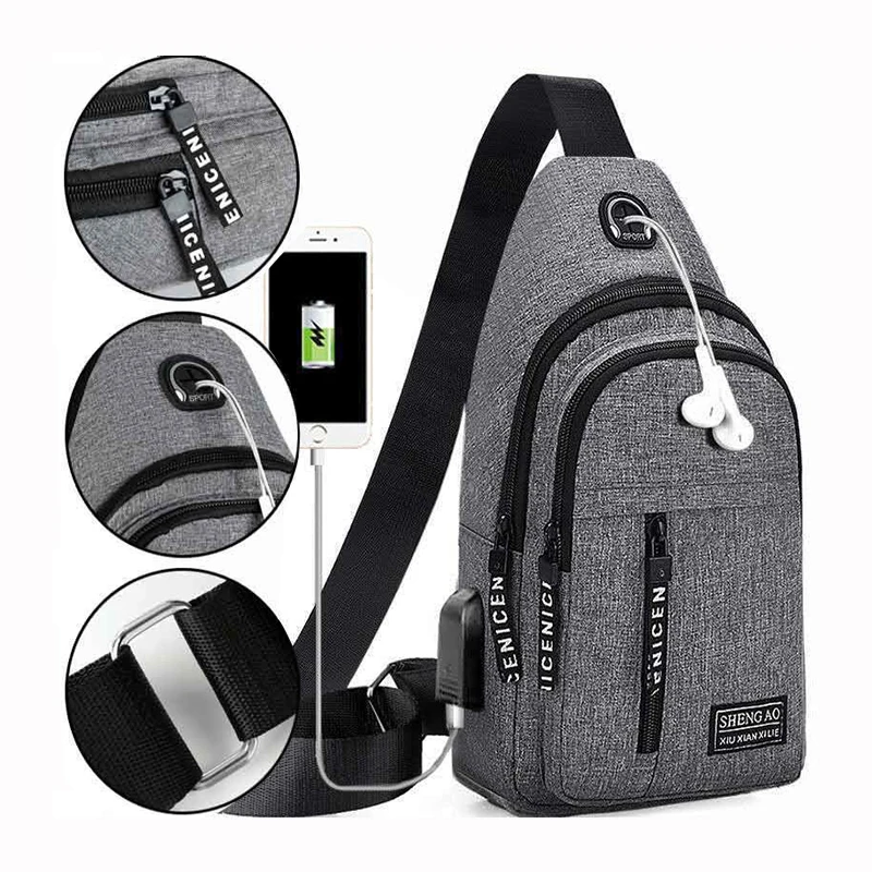 Cestovné pánske kabelky Multifunkčné USB hrudné vrecko Dizajnér Messenger Crossbody Tašky