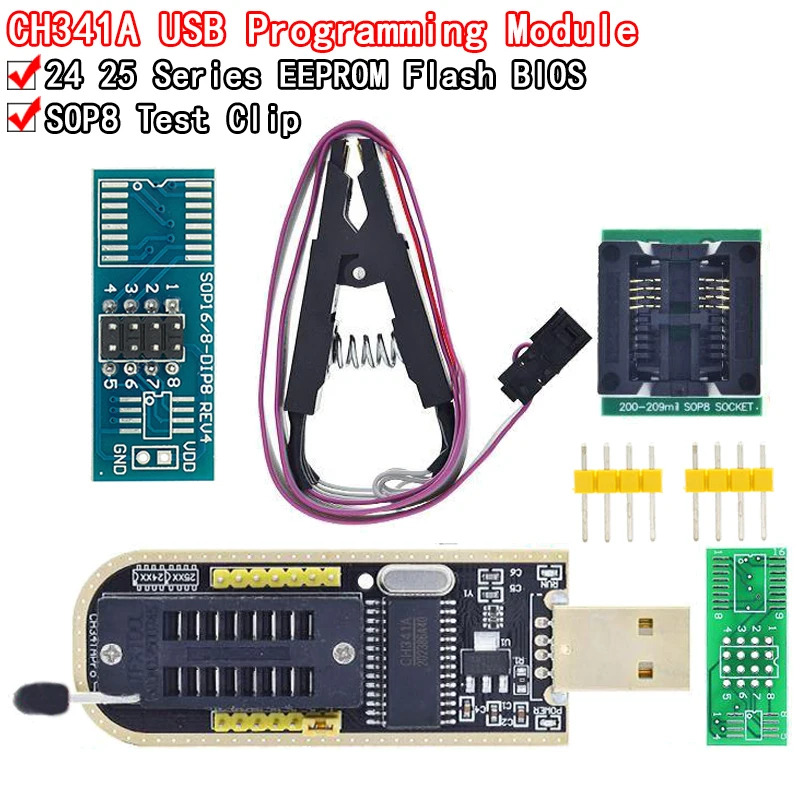 CH341A XTW100 24 25 Series EEPROM Flash BIOS CH341 USB Programátor modul + SOIC8 SOP8 Testovací klip pre EEPROM 93CXX / 25CXX / 24CXX