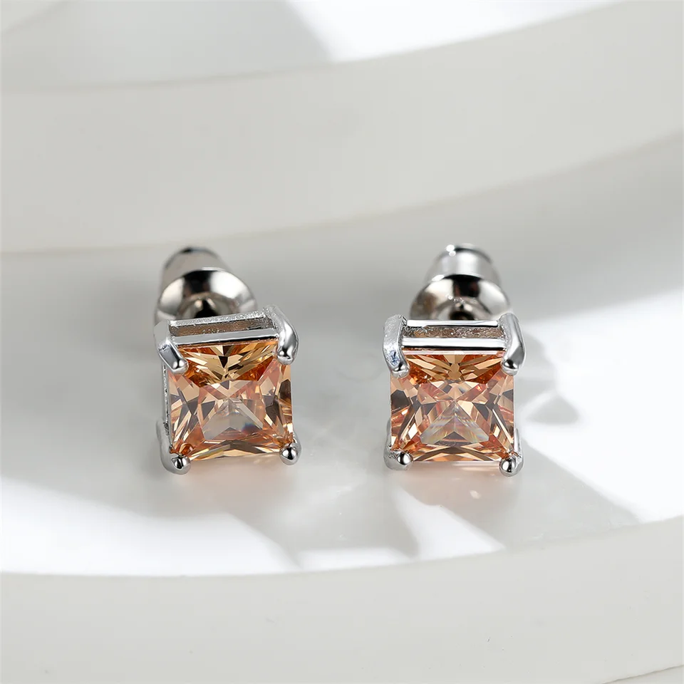 Champagne Crystal Square zirkón Kameň malé náušnice pre ženy klasická strieborná farba malá kameň šperky minimalistický darček