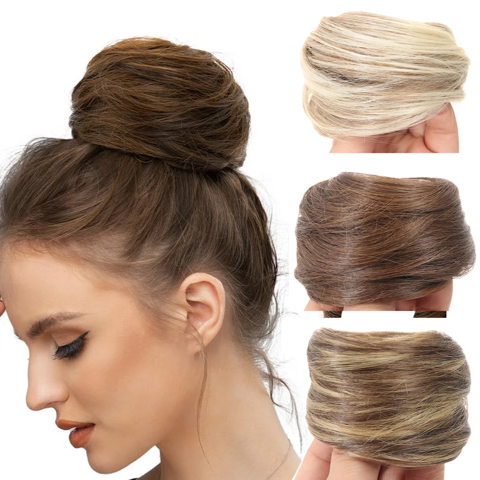 Chaotický kus vlasov Bun Straight Chignon Extension Mini Gumb Band vlasy Scrunchies Syntetická šiška parochňa
