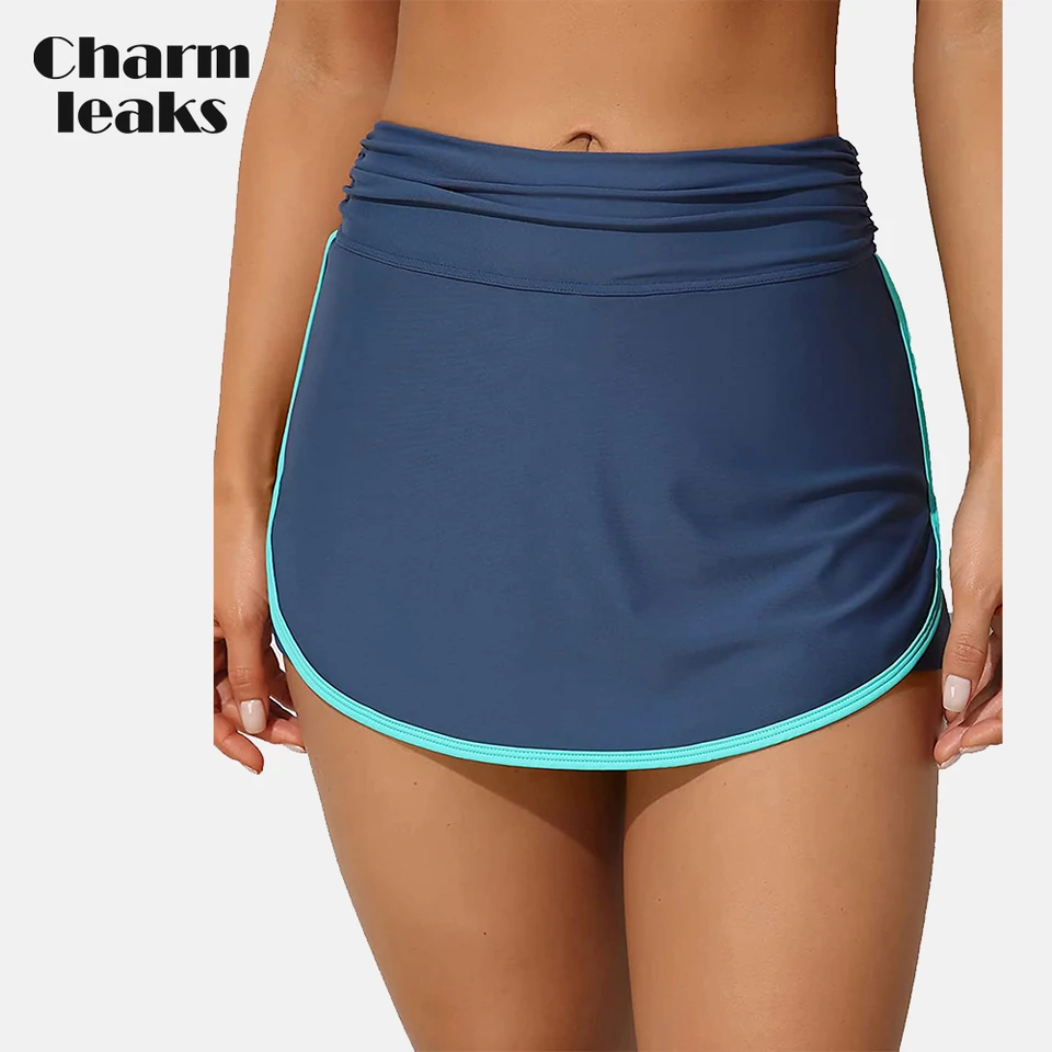 Charmleaks Ženy plávajúce sukne zabudované v interiérových plávajúcich šortkách s vysokým pásom Sirred Waistband Tankini Dno