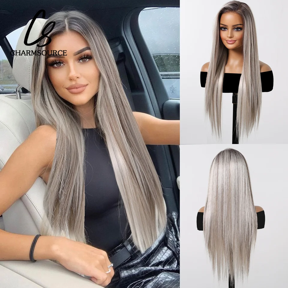 Charmsource syntetické 13x6 čipkované parochňu Dlhá rovná platina šedá parochňa pre ženy Denná párty Cosplay Svadba vysoká hustota