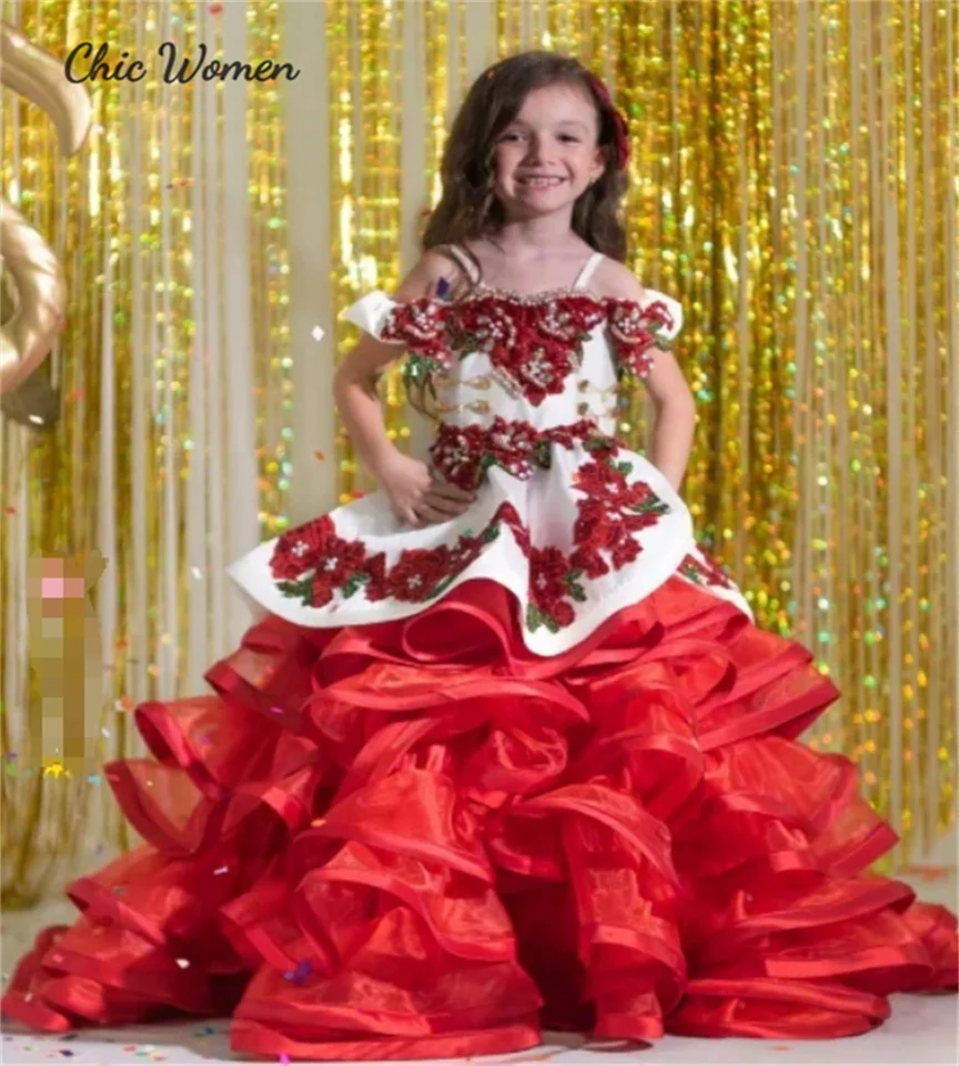 Charro Flower Girls Šaty na svadbu tutu deti sprievodné párty šaty narodeninové šaty korálkové odstupňované volnice bábätko prispôsobené