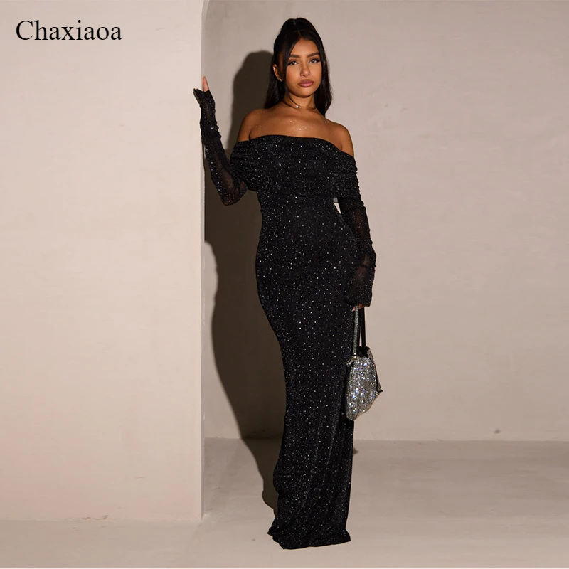 Chaxiaoa trblietky Off-Ramer Sexy maxi šaty pre ženy šaty čierne ramienok s dlhým rukávom Bodycon Club Party iskry dlhé šaty
