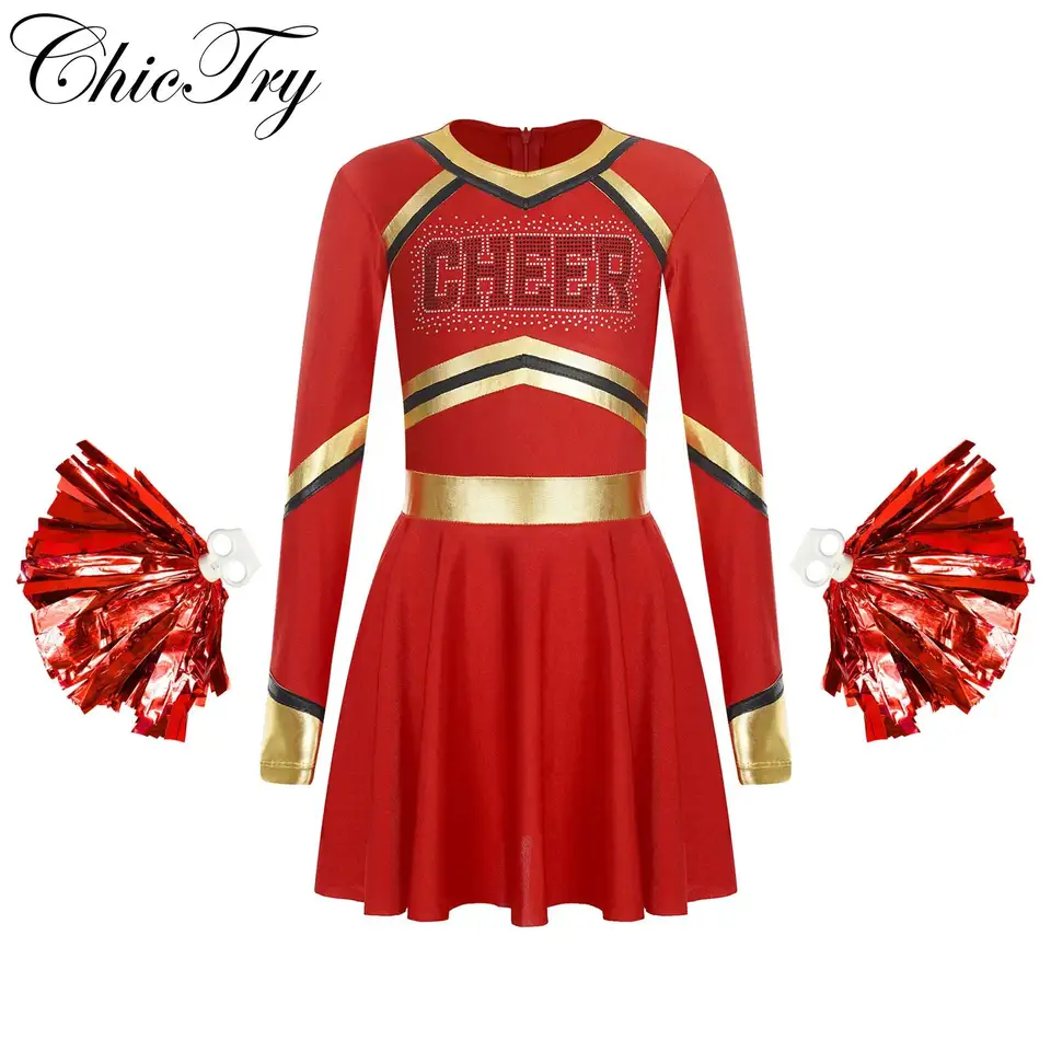 Cheer Leader Kostým pre deti Dievčatá Šport rozveseliť tanečný uniforma kamienok Letter Letter Letter Dlhé rukávy s ručnými kvetmi