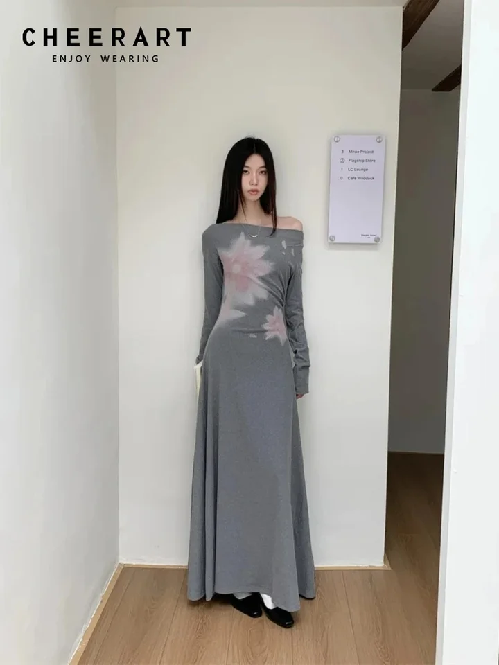 Cheerart z ramena sivé kvetinové dlhé pletené šaty Dámske dámske rukávy Line maxi šaty dizajnérske módne oblečenie