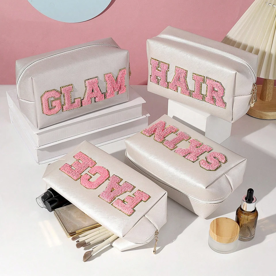 Chenille Letter Cosmetic Bag Pu Kožené vodotesné vrecko roztomilý organizátor zipsu, pokožka, vlasy ， tvár a glam.-zmt