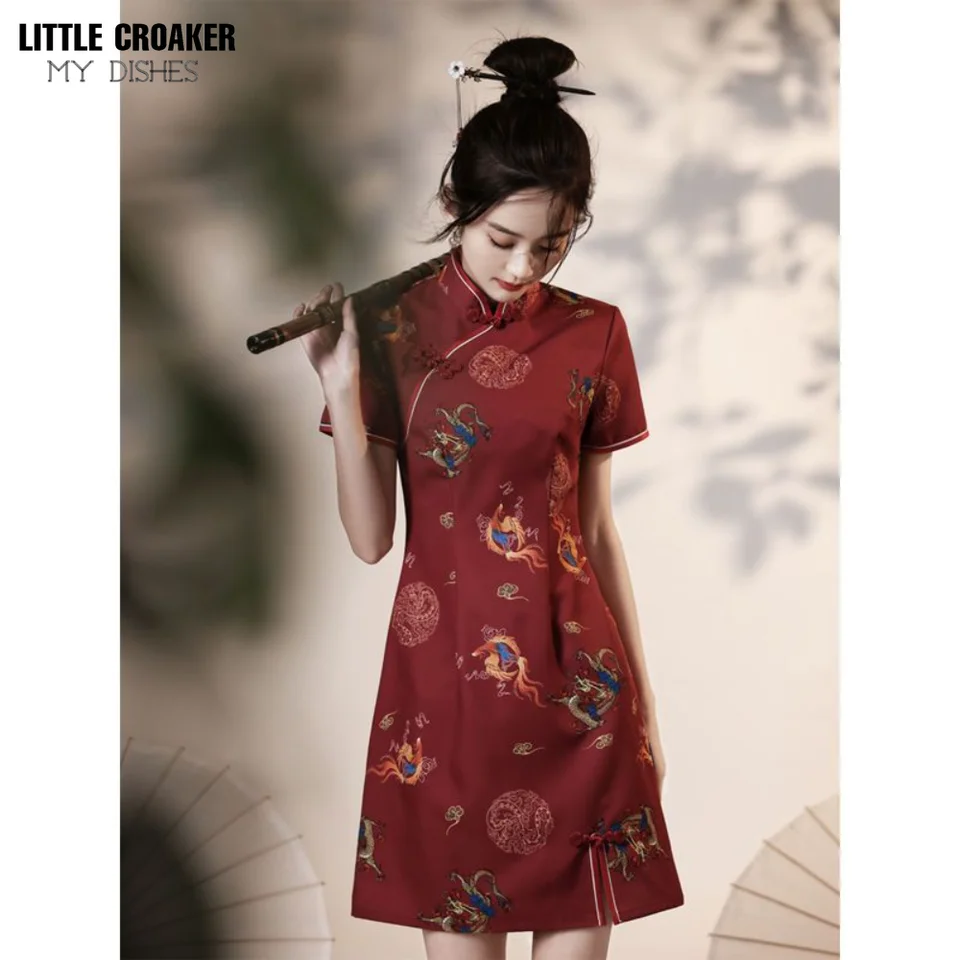 Cheongsam 2023 Qipao Nové ženy Ženy leto červené roztomilé cheongsam mladé čínske francúzske retro chinoiserie upravené šaty krátke šaty