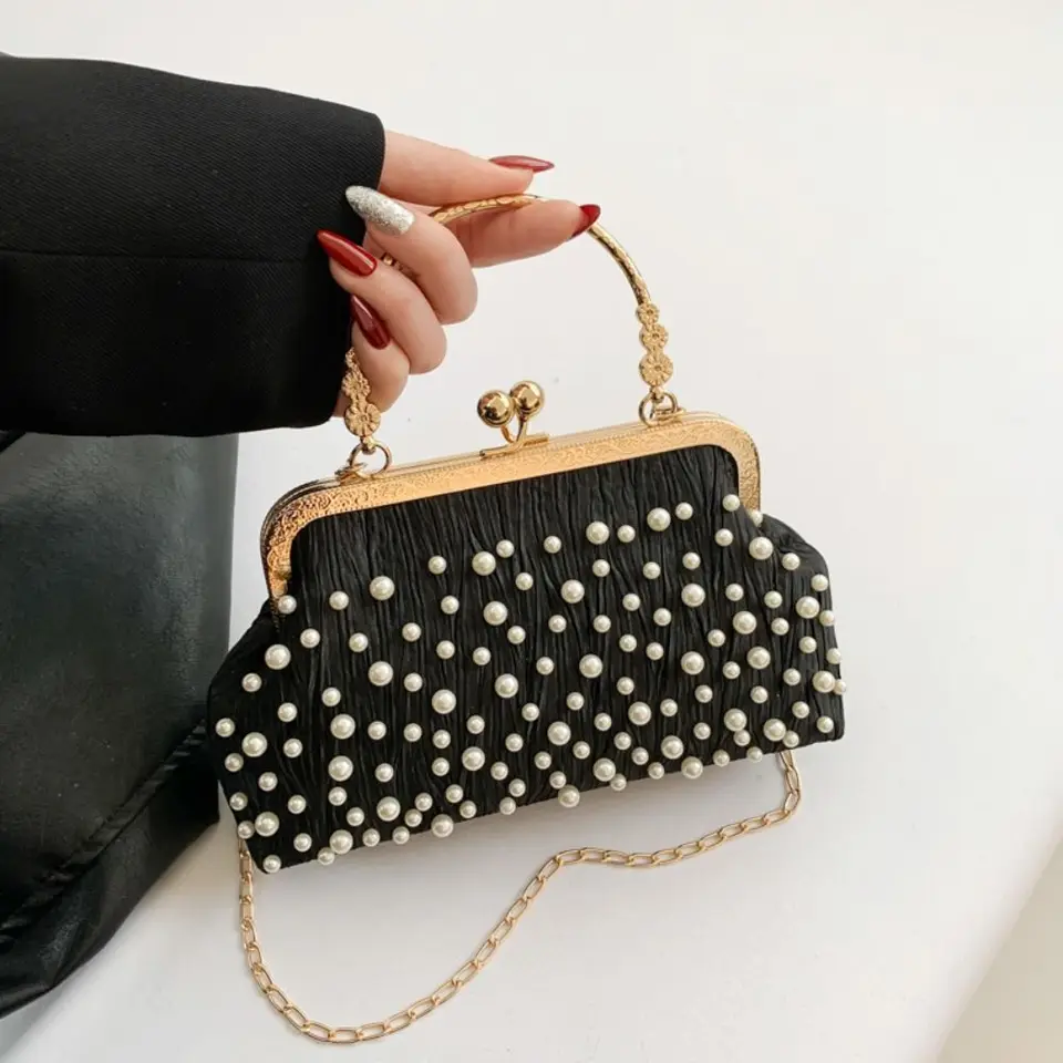 Cheongsam doplnky perlová škrupina kabelka zápästie kovová kovová retiazka večera vrecka Crossbody Bak