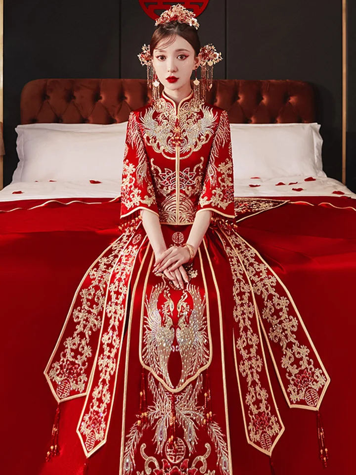 Cheongsam hanfu výšivka drak Phoenix čínsky tradičný pár svadobný oblek cheongsam elegantná nevesta vintage šaty qipao