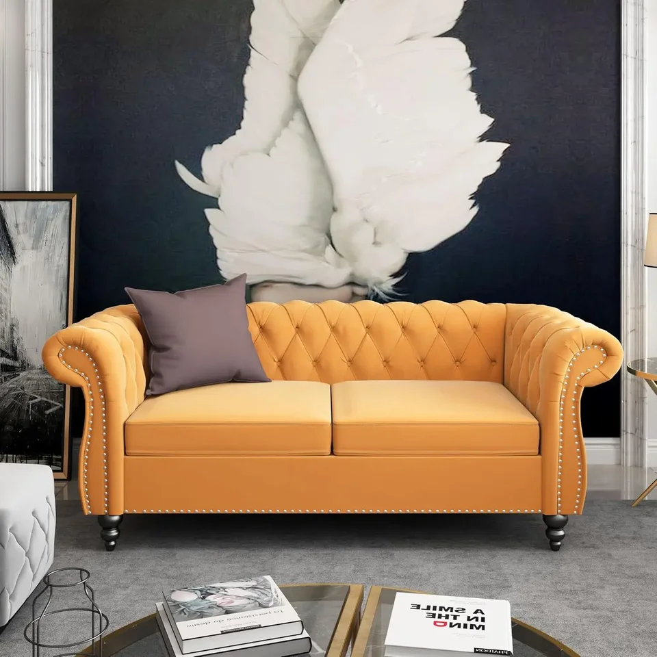 Chesterfield Lovesat, moderná zamatová pohovka všívaná gauč 2 Smrlter s zvitkovou rukou a na klincoch pre obývaciu izbu, spálňu, kanceláriu,