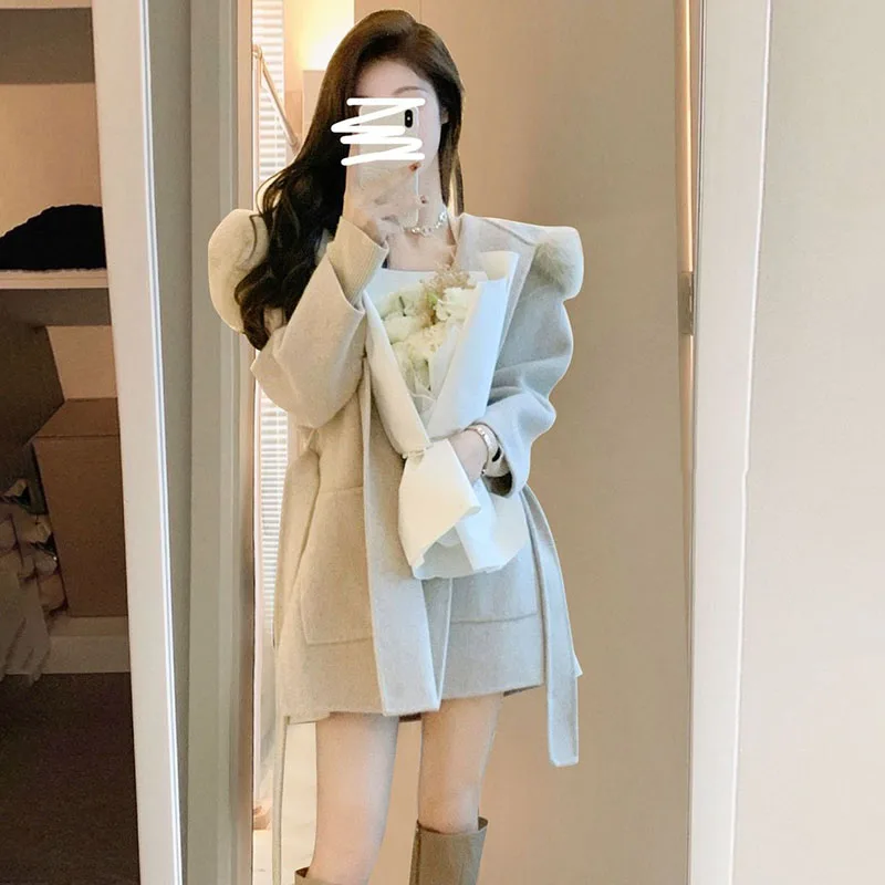 Chic Casy Woen Wook s dlhým rukávom bunda Ženy kabáty zimné zima nová stredná korean Kórejská voľná veľká vlna golier hrubý vlnený kabát