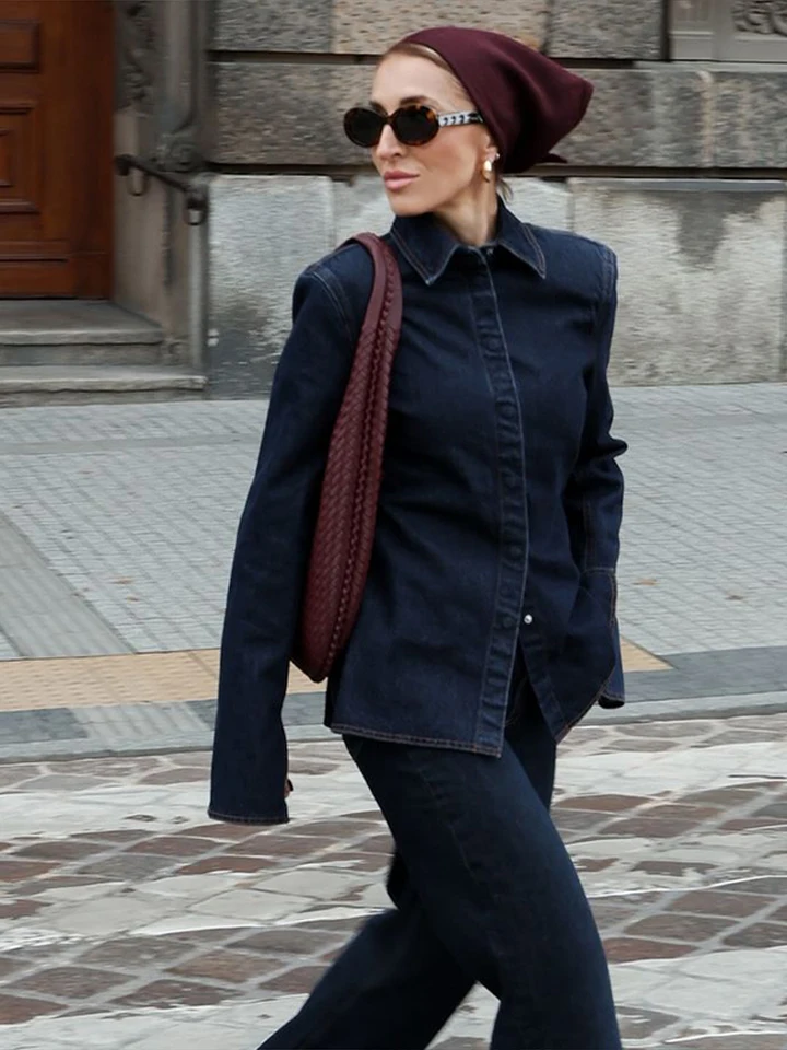 Chic Denim Jacket Dámska módna klopová obojok Long Lantern Ruckve Female Coat Elegantné jednoprstové dámy 2025 Nové vrchné odevy