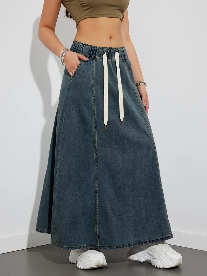 Chic High Pas Dámske dlhé vrecká Lace Up Džínsy sukne 2024 letné jeseň Denim midi A-line maxi sukne SK46
