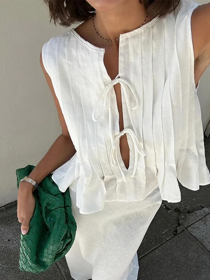 Chic New White s vysokým pásom skladané dlhé sukne súpravy dámske neformálne voláre bez rukávov šnurovaný tank oblek 2025 Lady Hoily Outfit