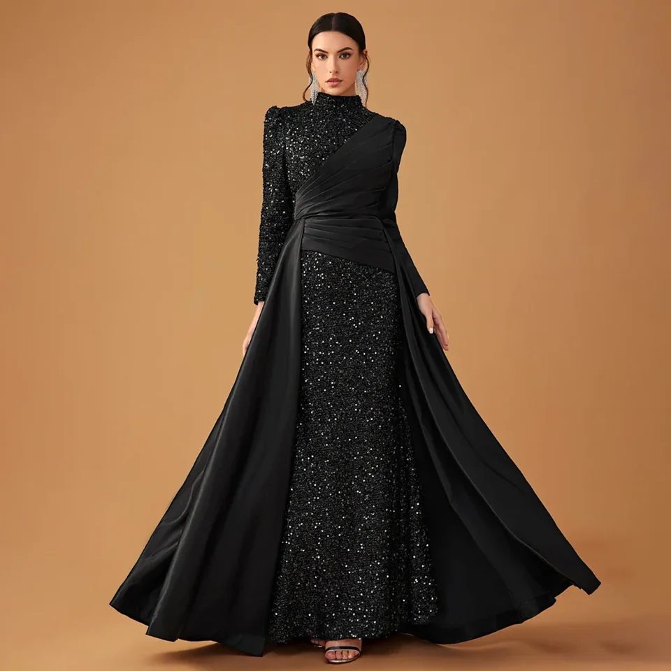 Chic Slifined Evening Chayses Black Elegant High Golier s dlhými rukávmi, plášťové šaty klasické šaty na dĺžku podlahy