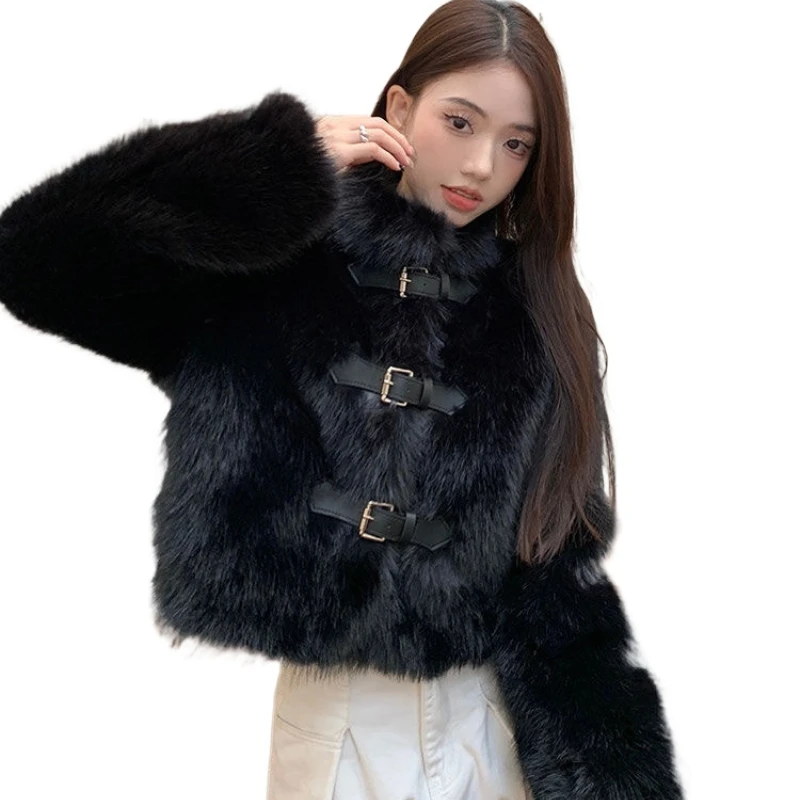 Chic Stand Crck Ženy Zimné faux Mink kožušina Kožená pracka Fluffy bunda
