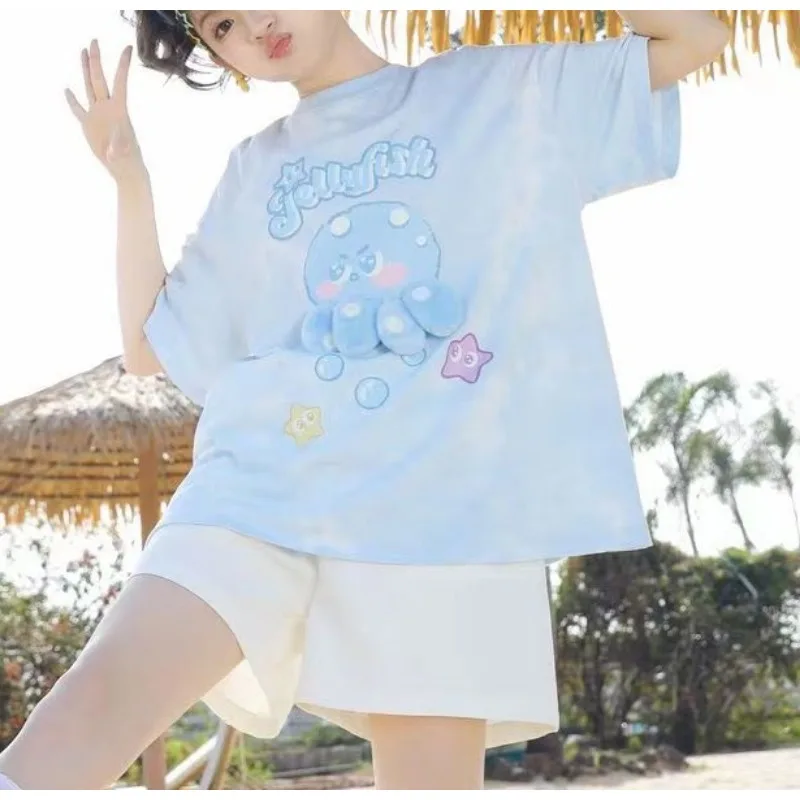 Chic Sweet Cute Kawaii Tričko letné letné top s krátkym rukávom top ženy dámske neformálne y2k nový 2024 Trend modrá karikatúra tlačené odpaliská