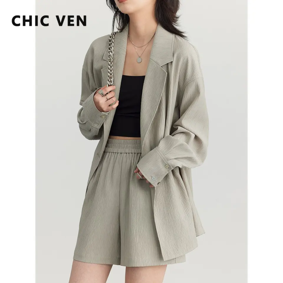 Chic Ven Dámsky sako Solid Casy Casy Long Ruckve bunda textúra tenký oblek Shorts Office Lady Tops 2023 letná nová móda