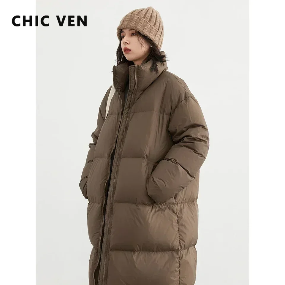 Chic Ven Fashion Women Down Coats Dlhé husté teplé bundy dole kabáty biela kačica dole voľná neformálna bunda jeseň zima 2024