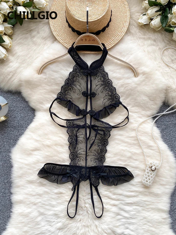 Chillgio ženy sexy priehľadné čipky BodySuits Fashion Erotic Erotic One Piece Combinácia Rompers Ins Hollow Vintage Cheongsam Catsuit