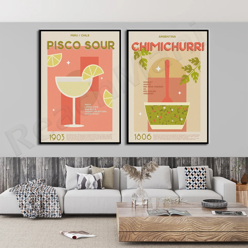 Chimichurri, Pisco Sour Art Prints, moderná kuchynská dekorácia, retro plagáty, nástenné umenie