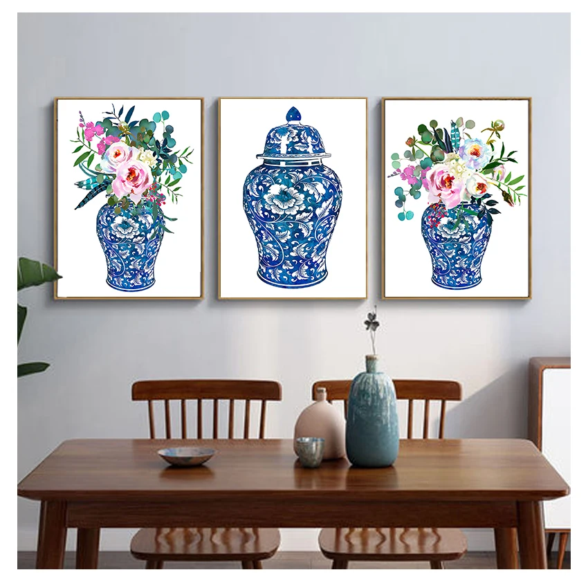 Chinoiserie dekor plátno tlač kvetinový botanický plagát Orientálna váza ruže maľovanie porcelánového nádoby zázvor