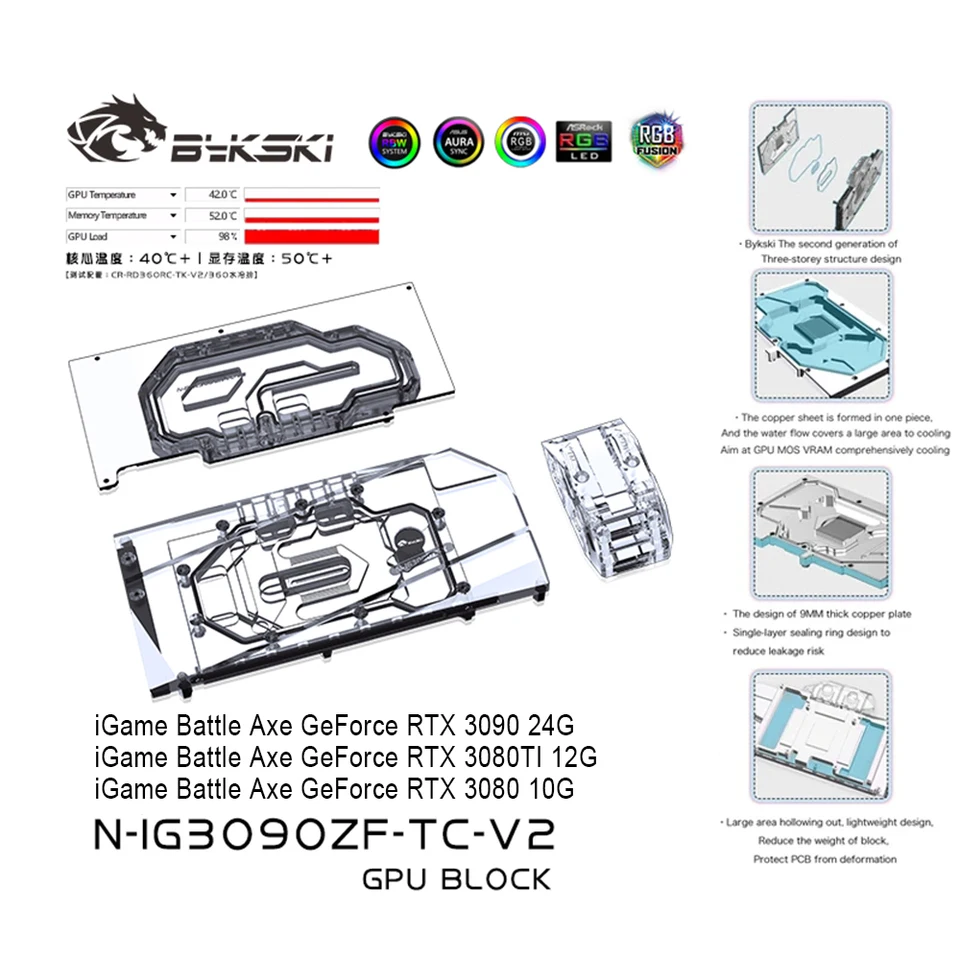 Chladiaci blok vodného systému GPU s GPU s chladičom so zadným dosahom pre farebnú bojovú sekeru RTX 3090 3080TI 3080 N-IG3090ZF-TC-V2