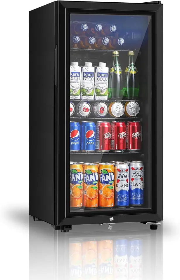 Chladnička nápojov, 3,2 Cu.ft Mini chladnička s dvojitými sklenenými dverami, chladič sódy, piva alebo vína pre dom, kanceláriu alebo bar (čierna)
