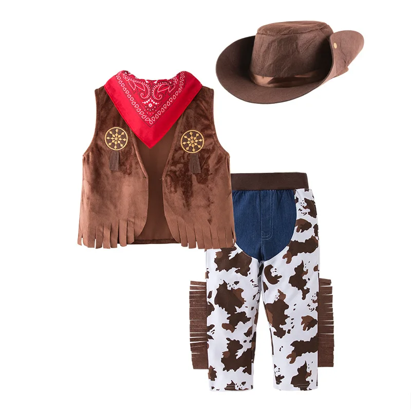 Chlapci Cowboy kostým pre Cosplay Clothing Sets Vest+Nohavice nohavice+šál+klobúk 4ks
