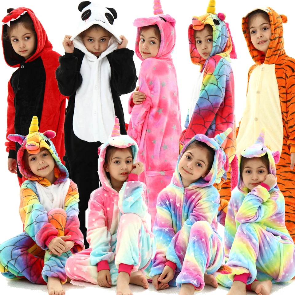 Chlapci dievčatá zviera Kigurumi pyžamy zimné teplé licorne panda stehy