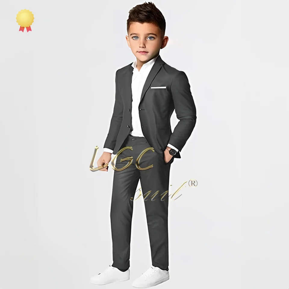 Chlapci Grey Suck Bunda Pants 2 -Piece Formálne svadobný smoking Prispôsobený módny detský oblečenie pre chlapcov vo veku 2 ~ 16 rokov