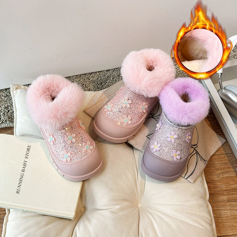 Chlpatá princezná dievčenské topánky Aplikácie teplé kožušinové zimné topánky pre dievča Pohodlné sklzy na snehových topánkach New Bling Kids obuv H10311