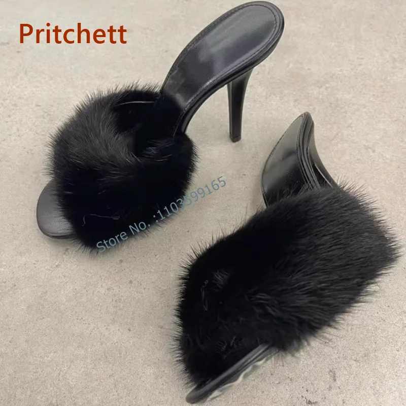 Chlpaté peep špičky Patríky tenké podpätky Mink Vlasy Slip na pevnú čiernu vonkajšiu dámsku topánky mäkké pohodlné jarné topánky