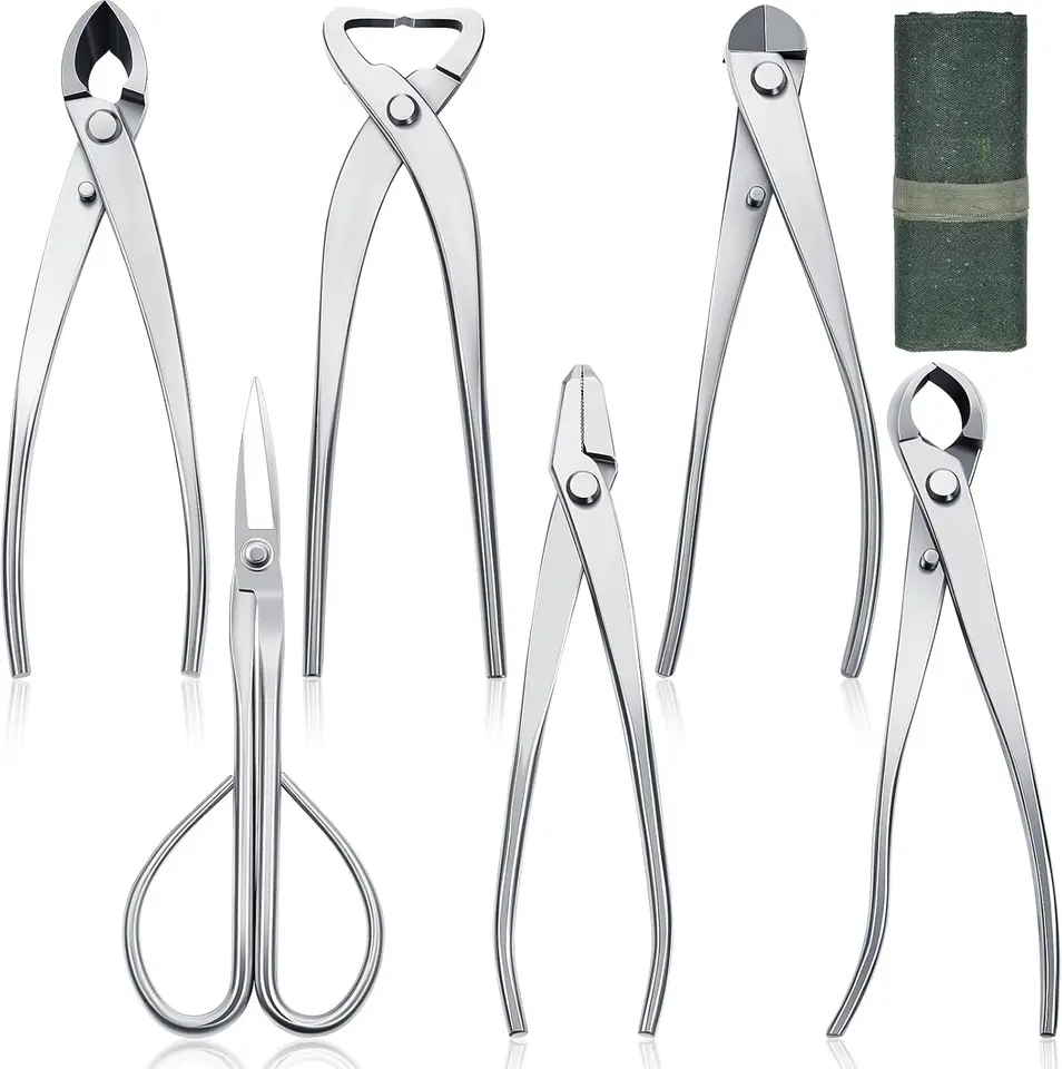 Choďte 6 kusov Bonsai Tool Set s vreckom na kotúče, 8 -palcové ťažké záhradníctvo Bonsai prerezávanie a starostlivosť, konkávna rezačka, gombík